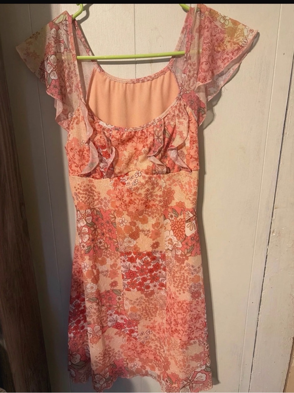Floral Ruffle Flutter-Sleeve Dress - coral/Peach